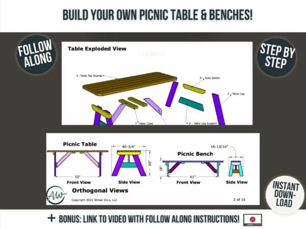 Picnic table with benches blueprint