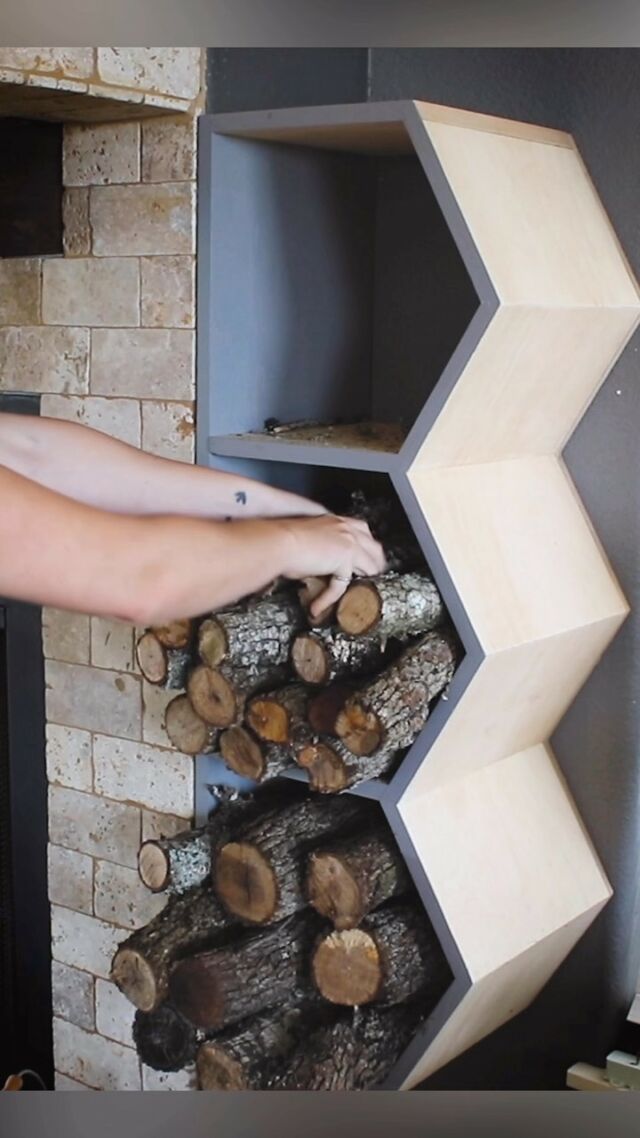 Some of you might have seen my story a few weeks back - I built two firewood holders and installed them on either side of my fireplace. Not only are they a cool geometric shape, but they hold more than enough wood to get me through an entire day! I have plans for this and the full video will be coming out on Sunday. Stay tuned 😉 #fire #firewood #organization #diy #doit #doityourself #build #project #woodworker #storage #solutions #youtube #youtuber